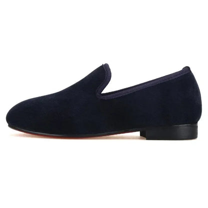 Kids Loafers Nautical Twill: Handmade Navy Parent-Child Loafers with Red Outsole -Guocali