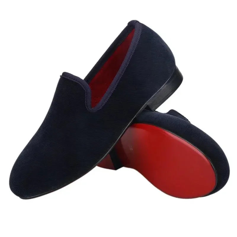 Kids Loafers Nautical Twill: Handmade Navy Parent-Child Loafers with Red Outsole -Guocali