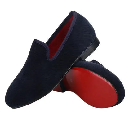 Kids Loafers Nautical Twill: Handmade Navy Parent-Child Loafers with Red Outsole -Guocali