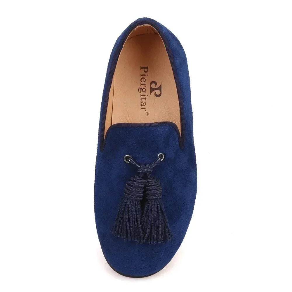 Kids Loafers Navy Suede Kids' Smoking Tassel Loafers for Parties and Birthdays with Red Bottoms -Guocali