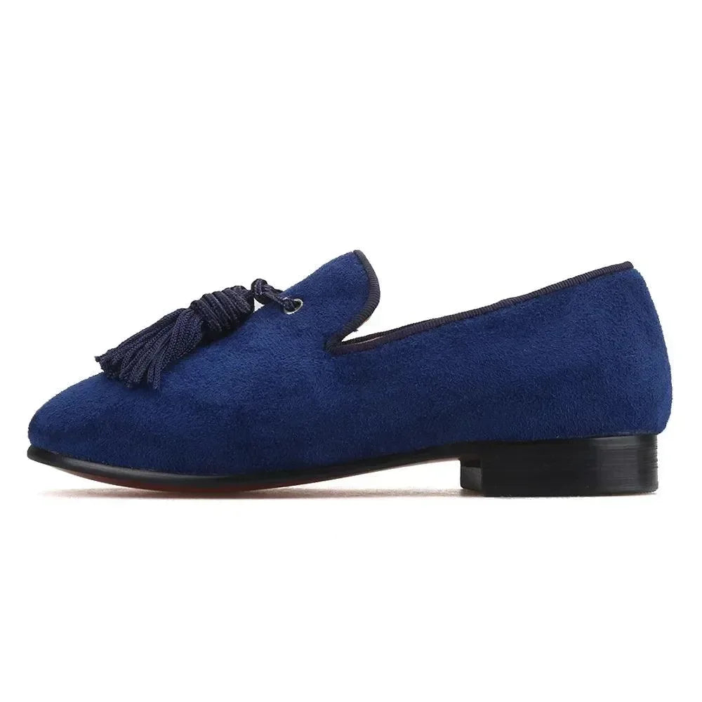 Kids Loafers Navy Suede Kids' Smoking Tassel Loafers for Parties and Birthdays with Red Bottoms -Guocali
