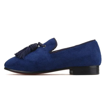 Kids Loafers Navy Suede Kids' Smoking Tassel Loafers for Parties and Birthdays with Red Bottoms -Guocali