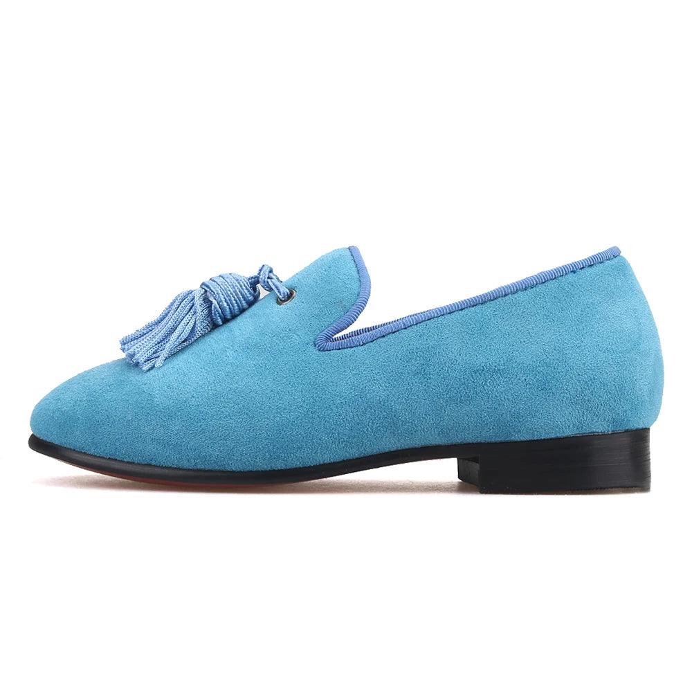 Kids Loafers Sky Blue Suede Kids' Tassel Loafers-Loafer Shoes-GUOCALI