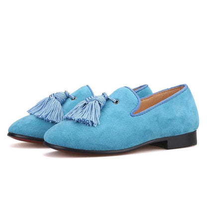 Kids Loafers Sky Blue Suede Kids' Tassel Loafers-Loafer Shoes-GUOCALI