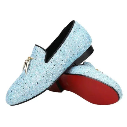 Kids Loafers Starry Strides: Toddler Loafers in Sky Blue Glitter Sequins with Metal Tassel Buckle and Vibrant Red Outsole -Guocali