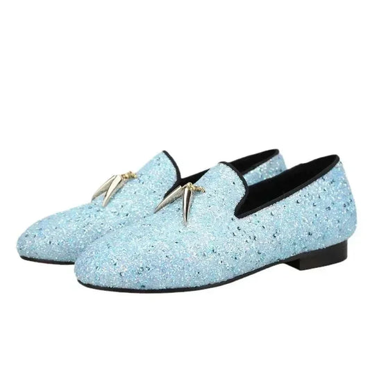 Kids Loafers Starry Strides: Toddler Loafers in Sky Blue Glitter Sequins with Metal Tassel Buckle and Vibrant Red Outsole -Guocali