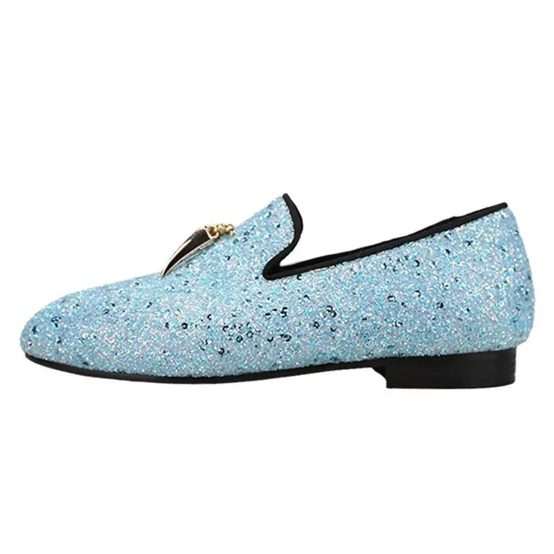 Kids Loafers Starry Strides: Toddler Loafers in Sky Blue Glitter Sequins with Metal Tassel Buckle and Vibrant Red Outsole - Loafer Shoes - Guocali