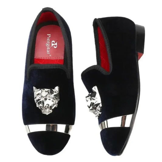 Kids Loafers Velvet Navy Delight: Handmade Children's Loafers with Silver Buckle -Guocali
