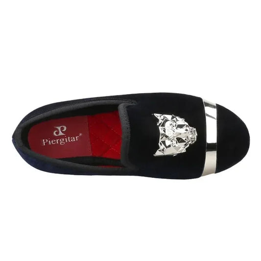Kids Loafers Velvet Navy Delight: Handmade Children's Loafers with Silver Buckle -Guocali