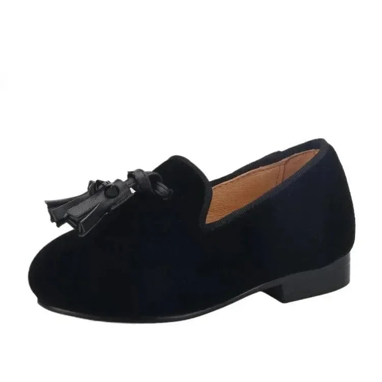 Kids Loafers Velvet Sophistication: Black Velvet Children's Spiked Loafer Shoes with Tassel -Guocali