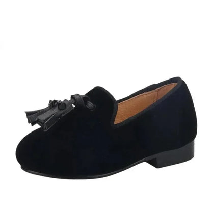 Kids Loafers Velvet Sophistication: Black Velvet Children's Spiked Loafer Shoes with Tassel -Guocali
