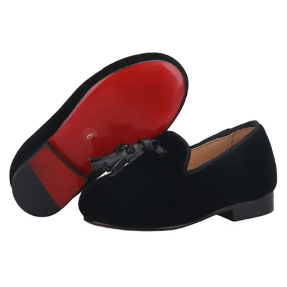 Kids Loafers Velvet Sophistication: Black Velvet Children's Spiked Loafer Shoes with Tassel -Guocali