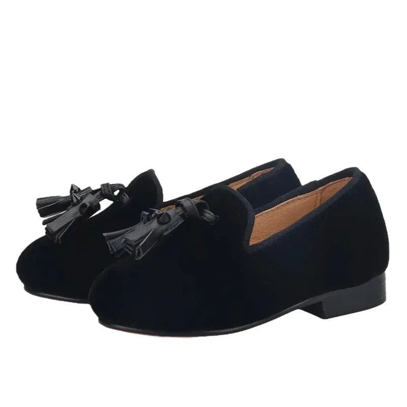 Kids Loafers Velvet Sophistication: Black Velvet Children's Spiked Loafer Shoes with Tassel - Loafer Shoes - Guocali