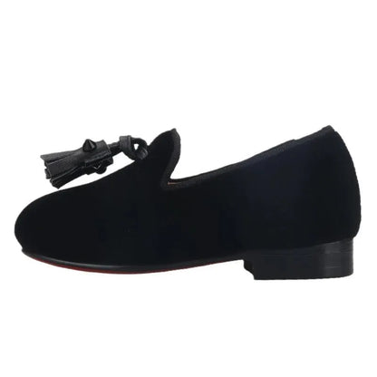 Kids Loafers Velvet Sophistication: Black Velvet Children's Spiked Loafer Shoes with Tassel - Loafer Shoes - Guocali