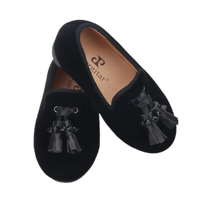 Kids Loafers Velvet Sophistication: Black Velvet Children's Spiked Loafer Shoes with Tassel - Loafer Shoes - Guocali