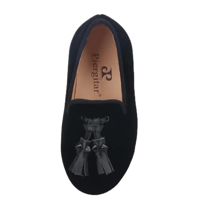 Kids Loafers Velvet Sophistication: Black Velvet Children's Spiked Loafer Shoes with Tassel - Loafer Shoes - Guocali