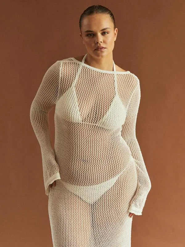 Knitted Long-Sleeved Backless Beach Cover-Up -Guocali