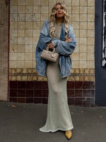 Knitted Long-Sleeved Backless Beach Cover-Up -Guocali