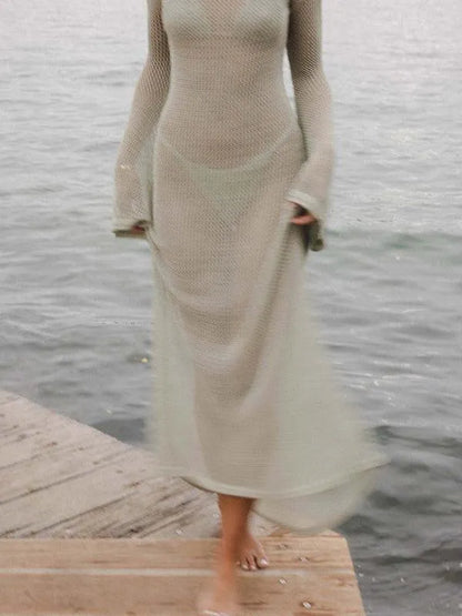 Knitted Long-Sleeved Backless Beach Cover-Up -Guocali