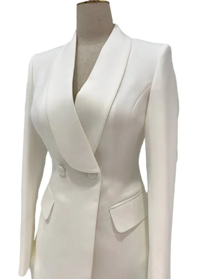 White label collar women's pantsuit blazer with double-breasted buttons on mannequin