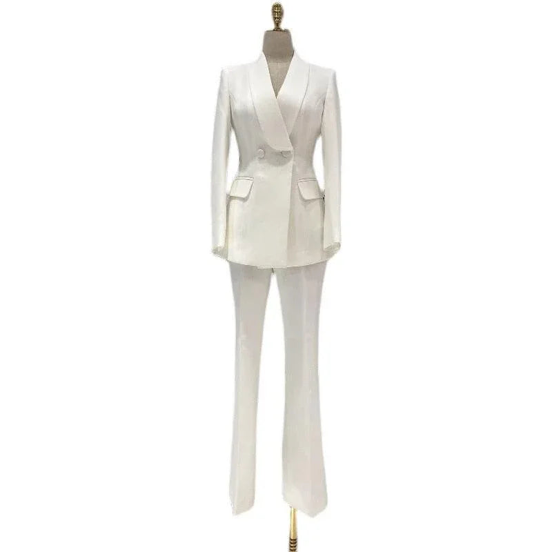 White women's pantsuit with notched collar and fitted blazer on mannequin