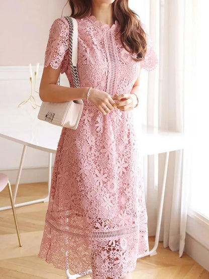 Lace Hollow Midi Waist Dress -Guocali