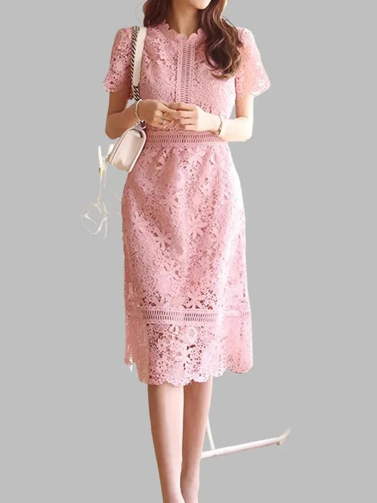 Lace Hollow Midi Waist Dress -Guocali
