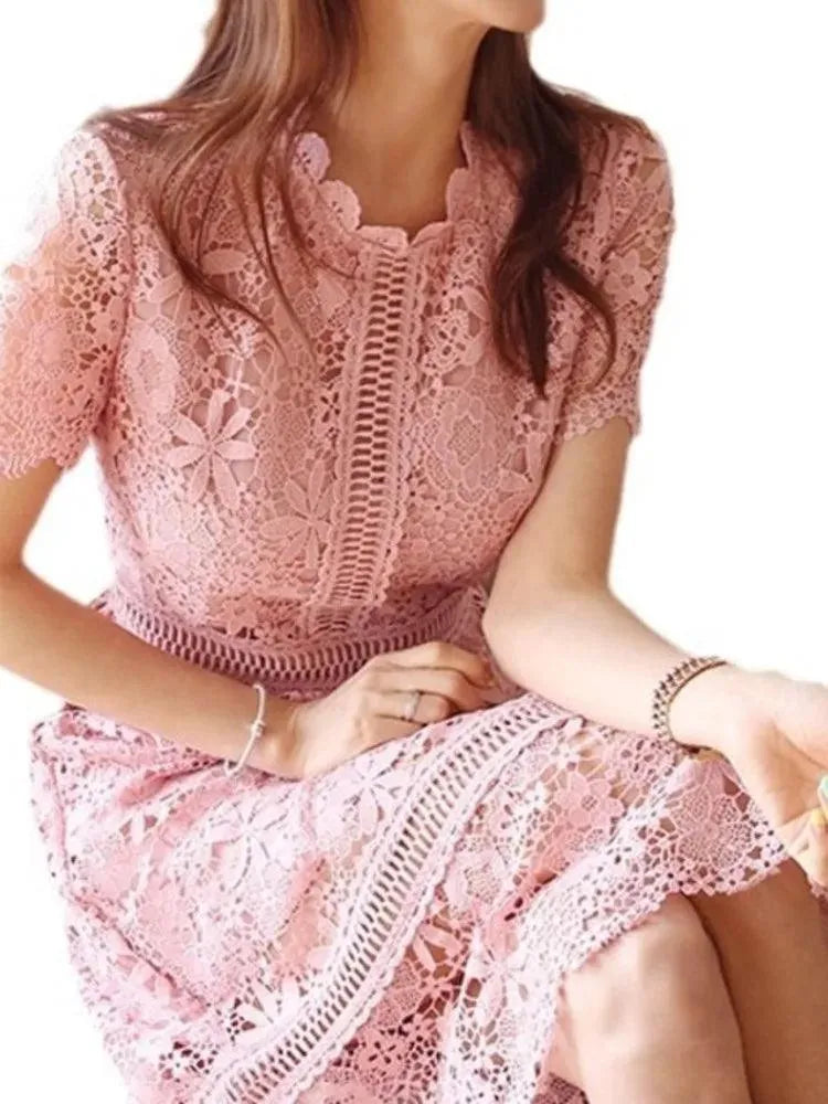 Lace Hollow Midi Waist Dress -Guocali