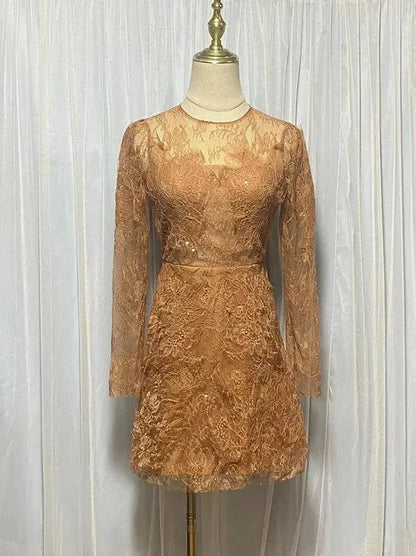 Lace Long Sleeve 3D Petal Dress – Elegant A-Line Short Dress -Guocali