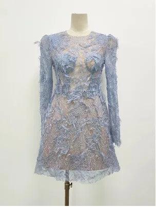 Lace Long Sleeve 3D Petal Dress – Elegant A-Line Short Dress - Short Dress - Guocali