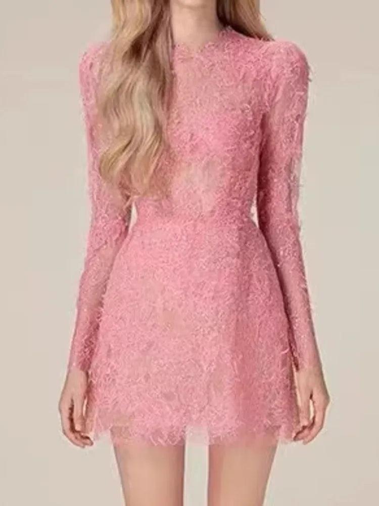 Lace Long Sleeve 3D Petal Dress – Elegant A-Line Short Dress - Short Dress - Guocali