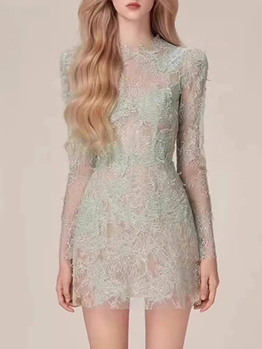 Lace Long Sleeve 3D Petal Dress – Elegant A-Line Short Dress - Short Dress - Guocali