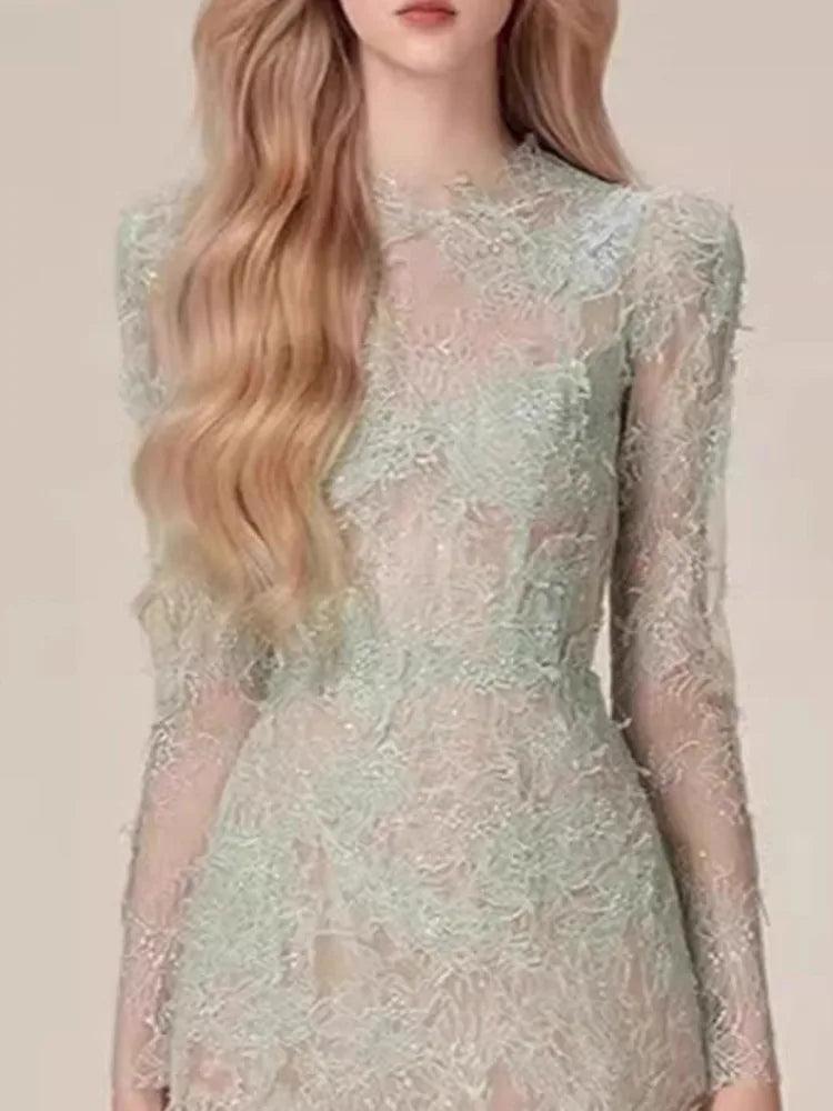 Lace Long Sleeve 3D Petal Dress – Elegant A-Line Short Dress - Short Dress - Guocali