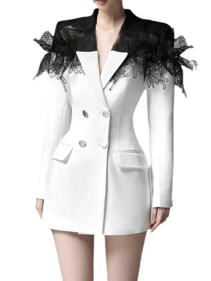 Lace Patchwork Notched Collar Blazer Dress -Guocali