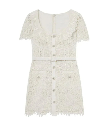 Lace Square Neck Single-Breasted Short Dress -Guocali