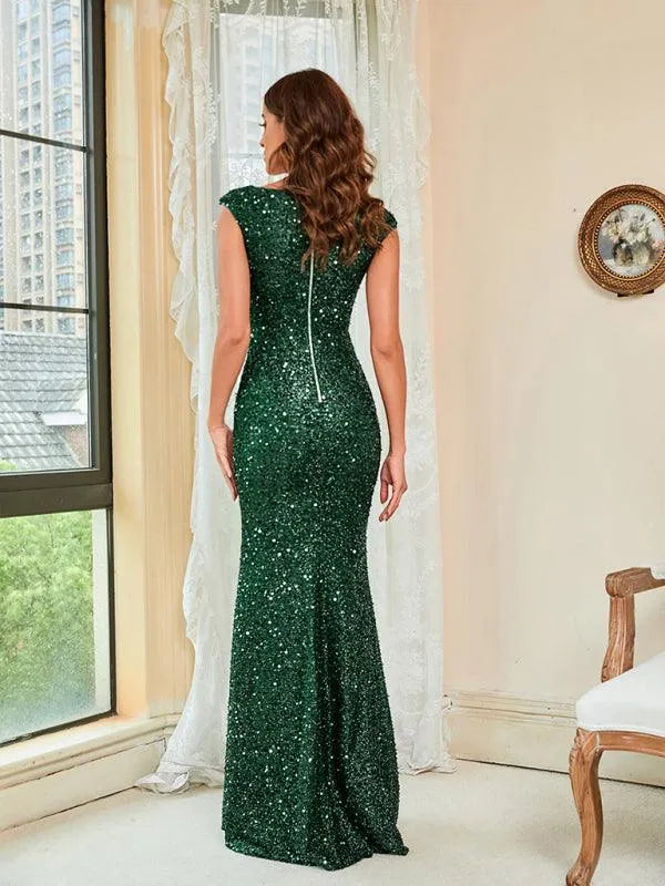 Ladies Sequin Green Sling Maxi Party Dress -Guocali