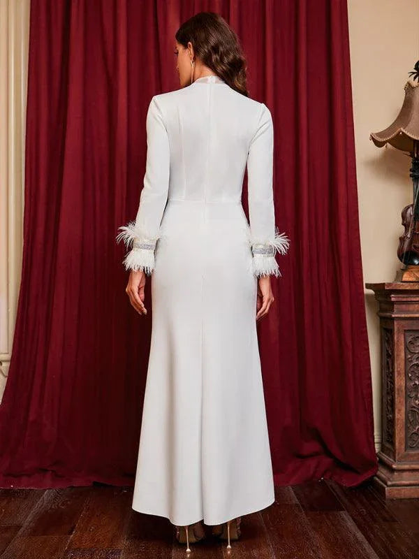 Ladies Slit Feather Party Dress -Guocali