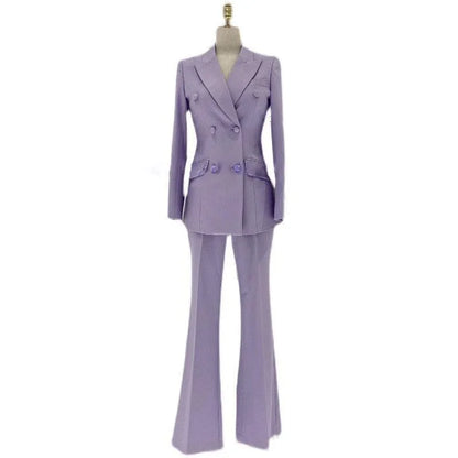 Lavender double-breasted flared pantsuit for women on mannequin, stylish trouser suit