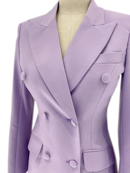 Lavender double-breasted women's pantsuit blazer with flared design on mannequin
