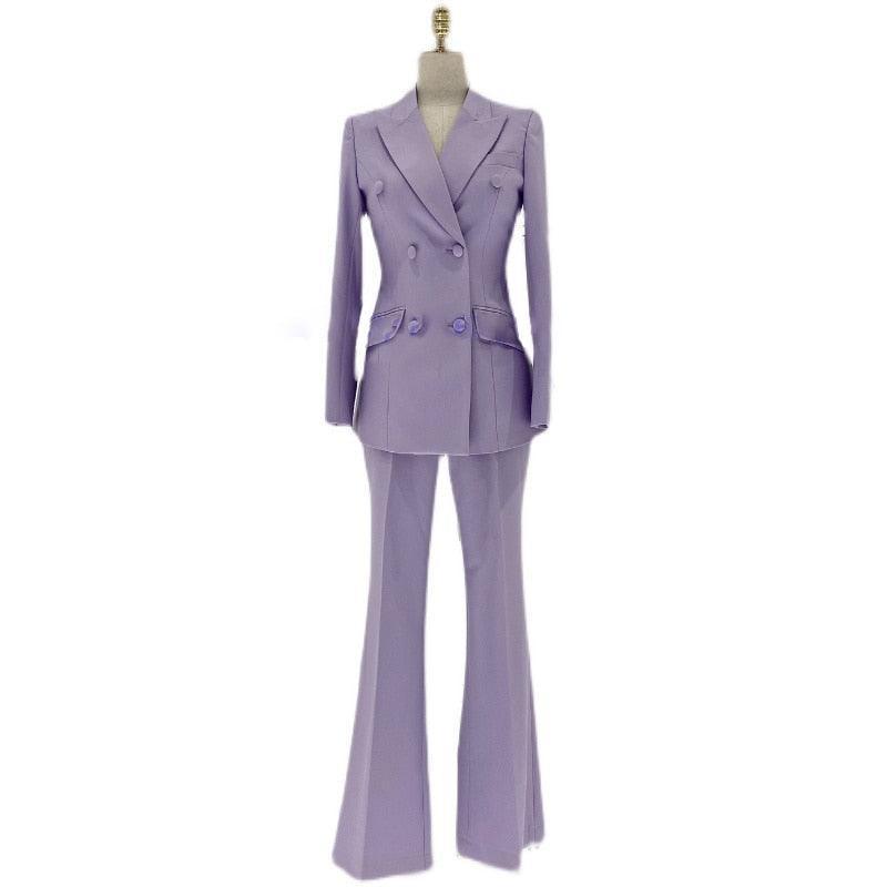 Lavender Double-Breasted Flared Pantsuit - Women Trouser Suits - Trouser Suit - Pantsuit - Guocali