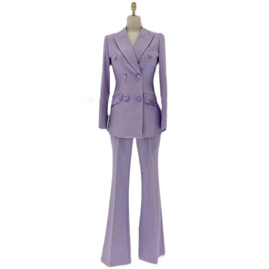 Lavender Double-Breasted Flared Pantsuit - Women Trouser Suits - Trouser Suit - Pantsuit - Guocali