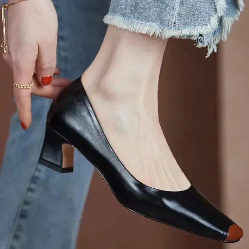 Leather Square Toe Women Pumps