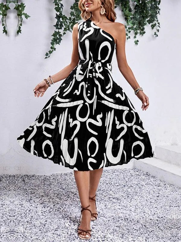 Letter Print One-Shoulder Dress Women -Guocali