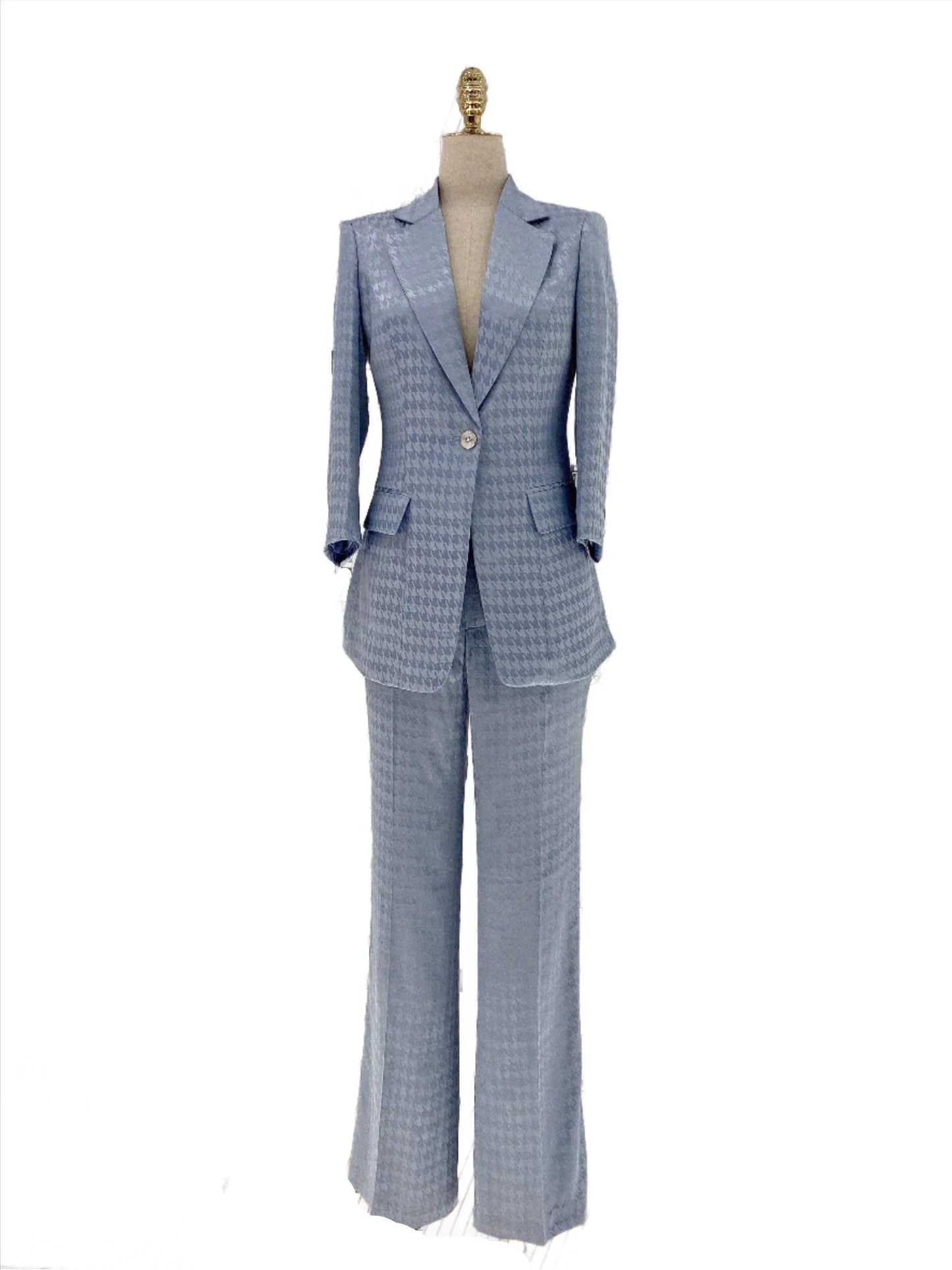Light Blue Plaid Pant Suit, Thin Women Trouser Suit -Guocali