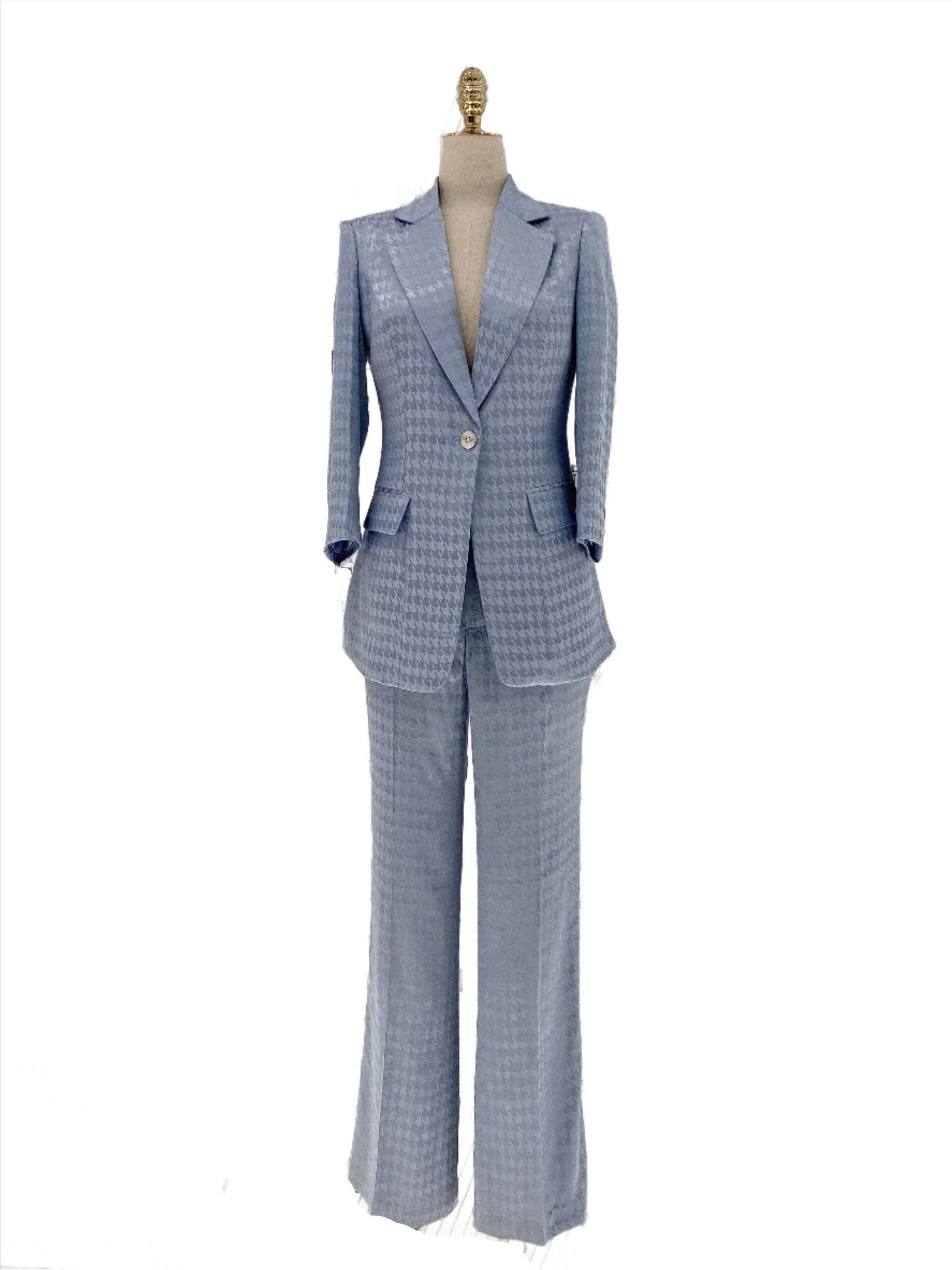 Light Blue Plaid Pant Suit, Thin Women Trouser Suit -Guocali