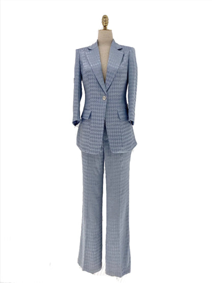 Light Blue Plaid Pant Suit, Thin Women Trouser Suit -Guocali