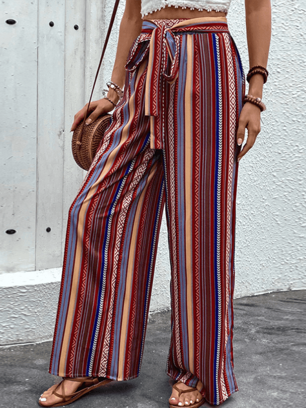 Chic Women Wide Leg Pants – High-Waist Striped Polyester