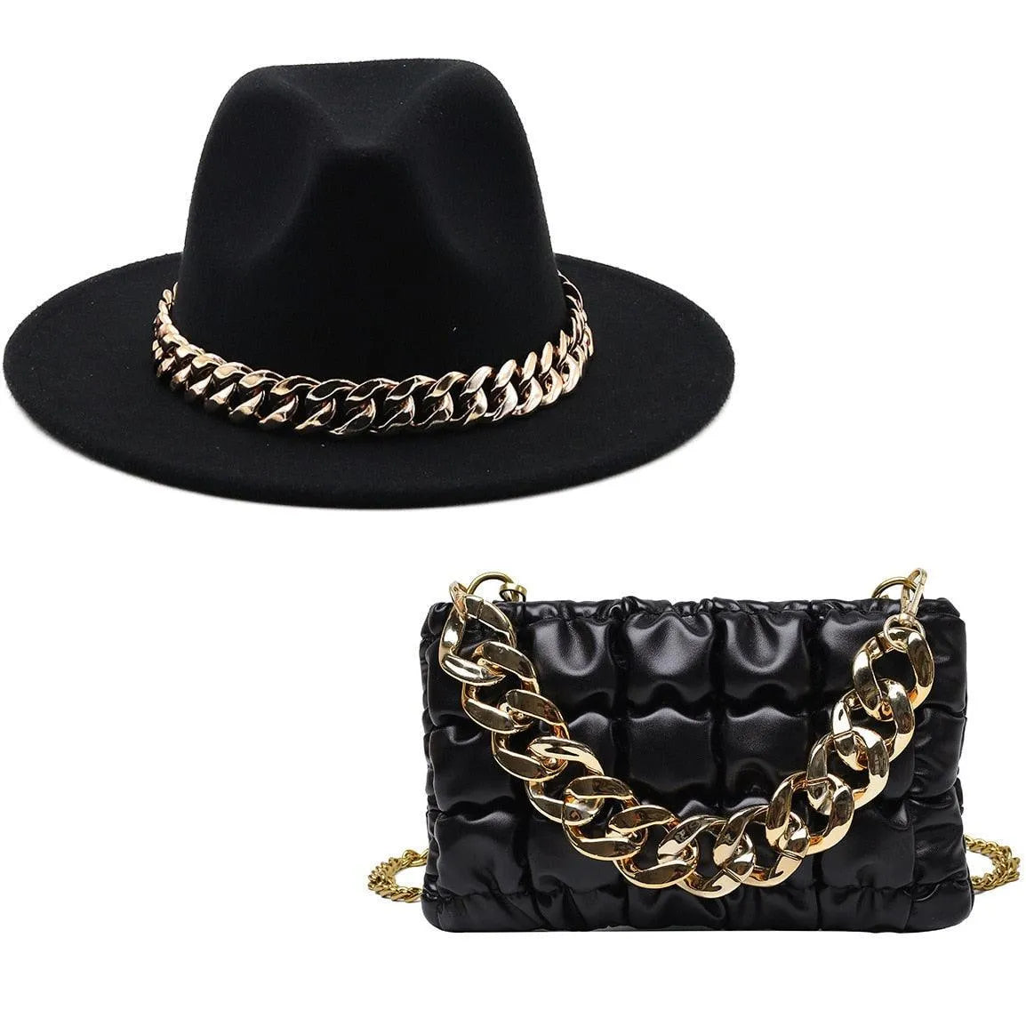 Luxury Fedora Hat And Oversized Chain Handbag -Guocali