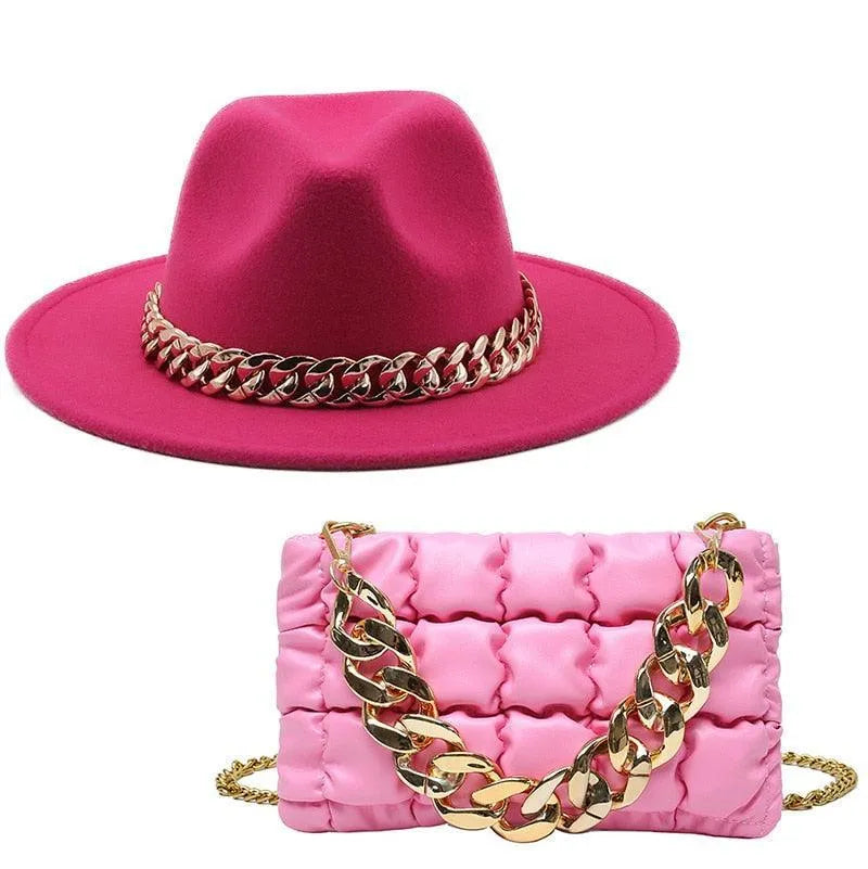 Luxury Fedora Hat And Oversized Chain Handbag -Guocali