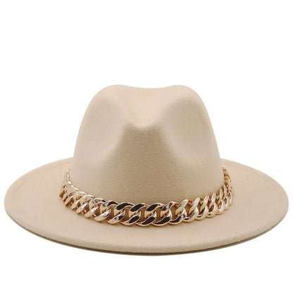 Beige luxury fedora hat with wide brim and gold chain band.